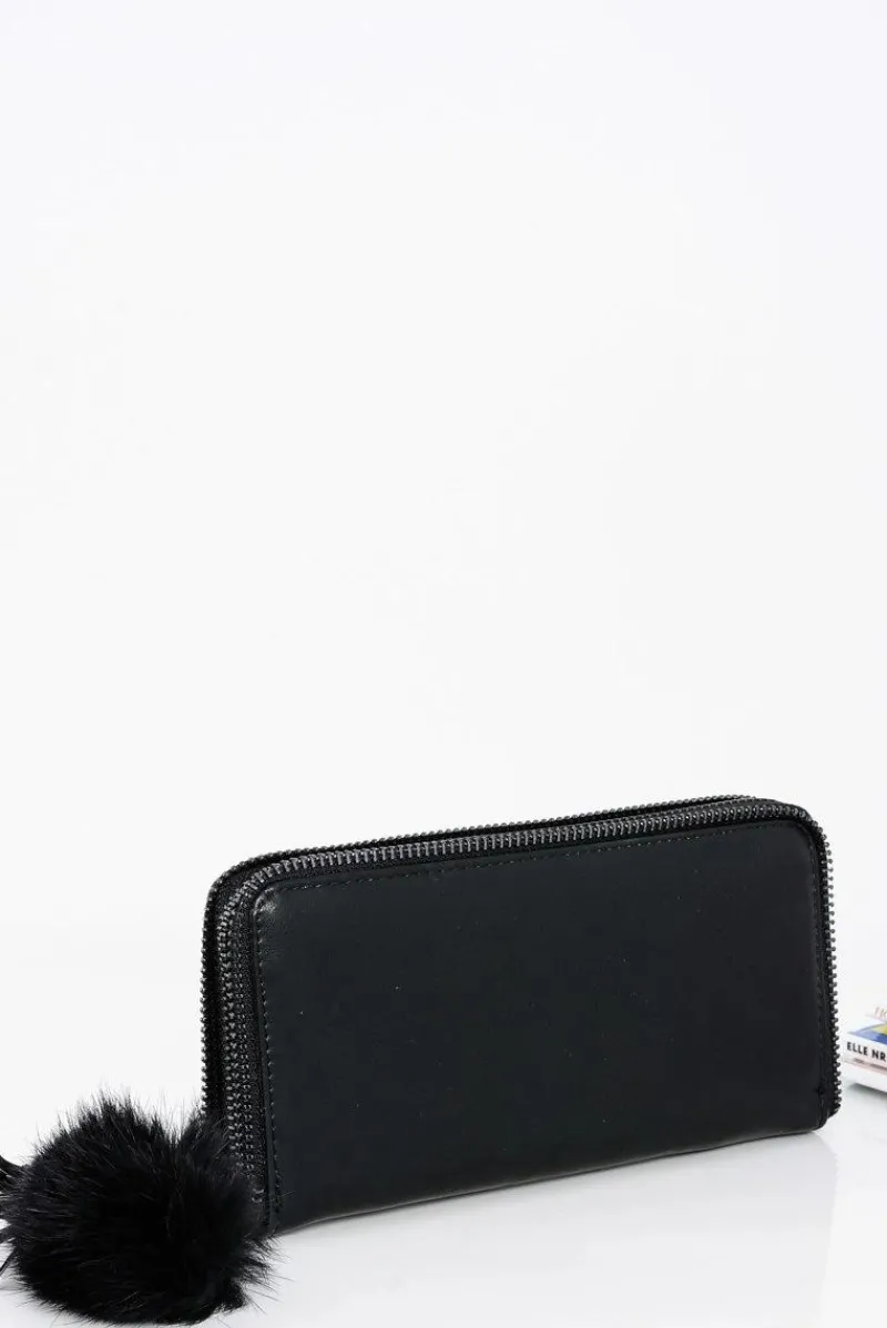 New Boto Damski Duży Portfel Ozdobny Zamek Brelok Pompon Czarny