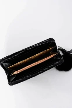 New Boto Damski Duży Portfel Ozdobny Zamek Brelok Pompon Czarny