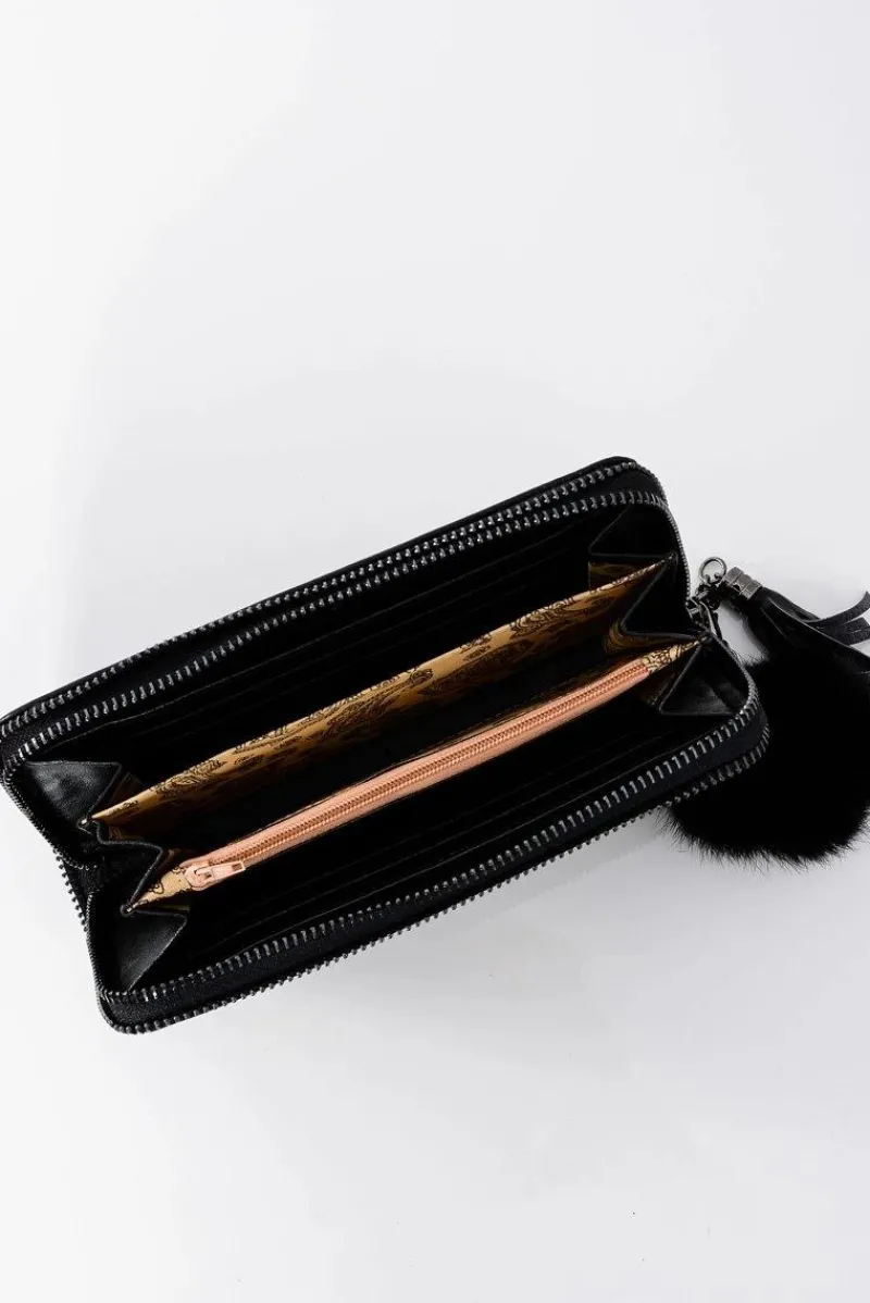 New Boto Damski Duży Portfel Ozdobny Zamek Brelok Pompon Czarny