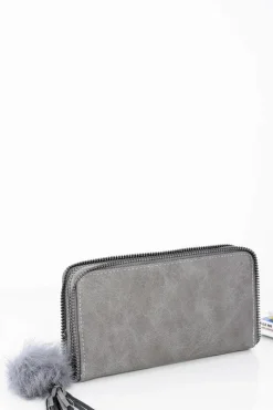 Portfele>Boto Damski Duży Szary Portfel Ozdobny Zamek Brelok Pompon