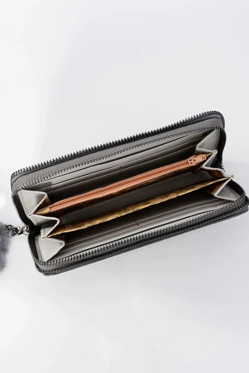 Portfele>Boto Damski Duży Szary Portfel Ozdobny Zamek Brelok Pompon