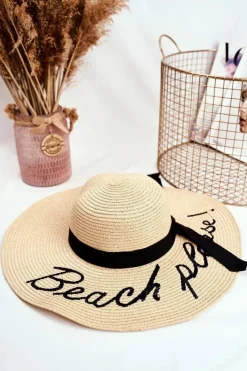New Boto Damski Kapelusz 100% Papier Beżowy Duże Rondo Beach Please