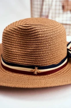 Outlet Damski Kapelusz Panama 100% Papier Camel Wstążka Złota Mucha Okrycia Głowy