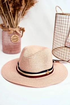 Outlet Damski Kapelusz Panama 100% Papier Różowy Wstążka Złota Mucha Okrycia Głowy