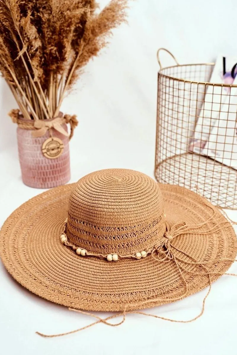 Okrycia Głowy>Boto Damski Kapelusz Słomkowy Duże Rondo Camel Rozmiar Uniwersalny