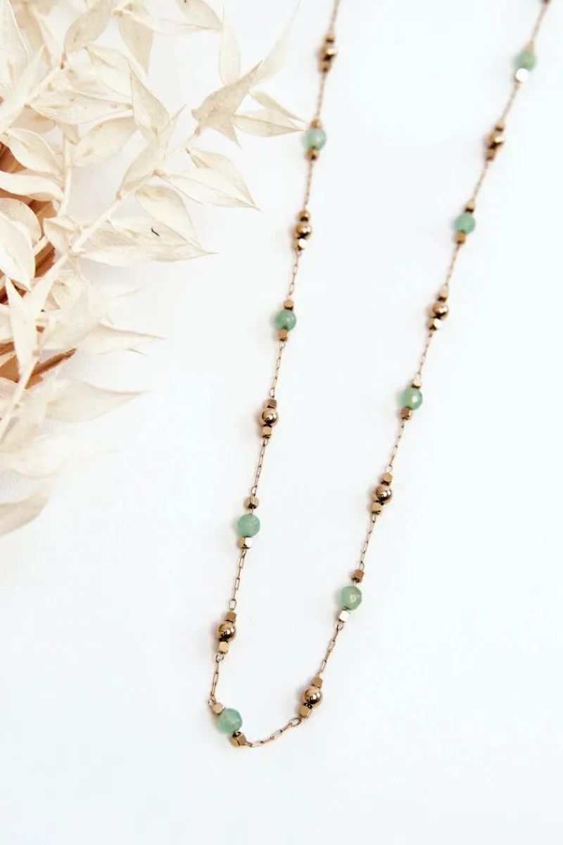 Naszyjniki>Glam Chic Damski Naszyjnik Z Zielonymi Koralikami Złoty