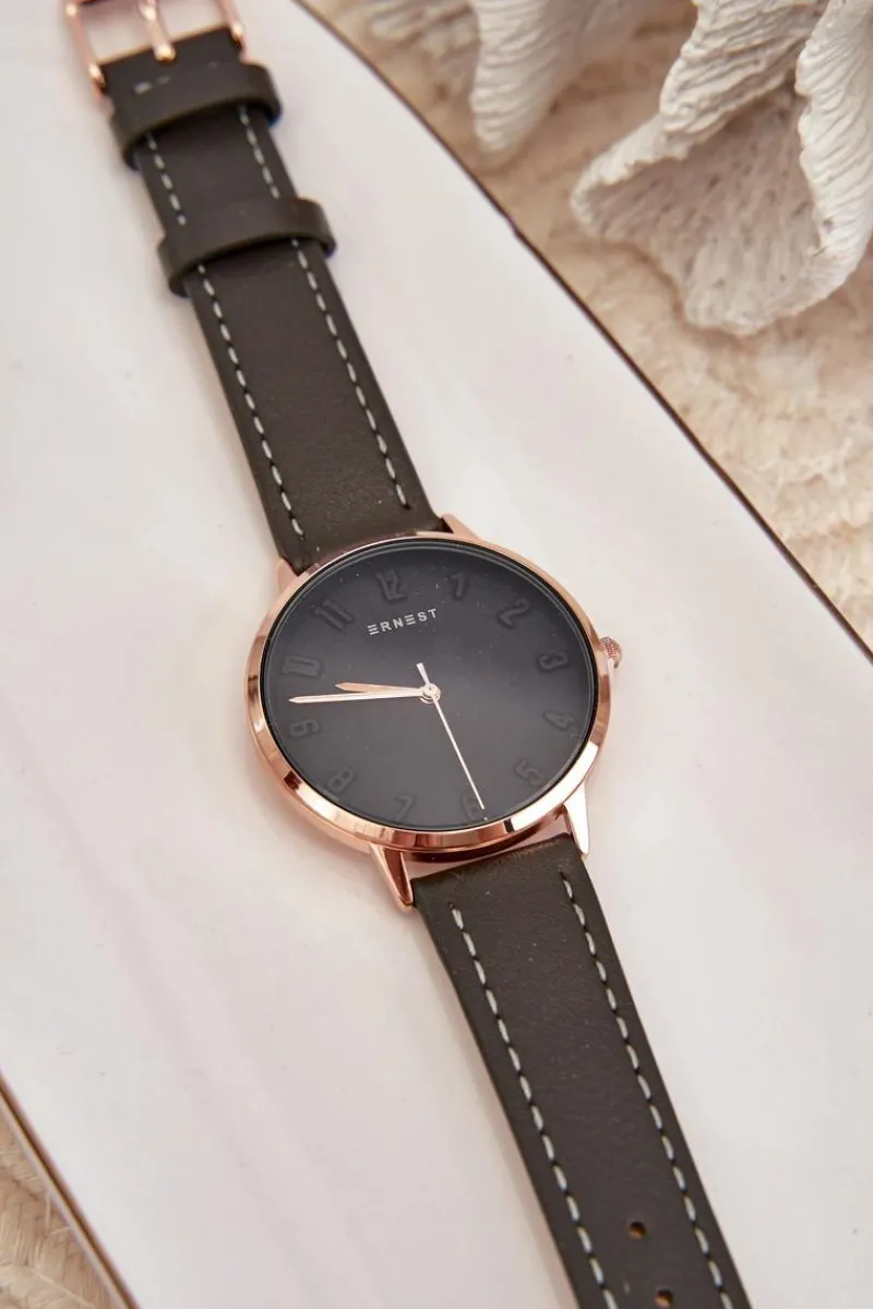 Hot Ernest Damski Skórzany Analogowy Zegarek Bez Niklu Czarny E94195
