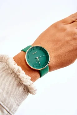 Clearance Damski Skórzany Analogowy Zegarek Bez Niklu Zielony Zegarki