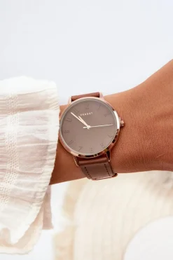 New Damski Skórzany Analogowy Zegarek Bez Niklu Brązowy E94195 Zegarki