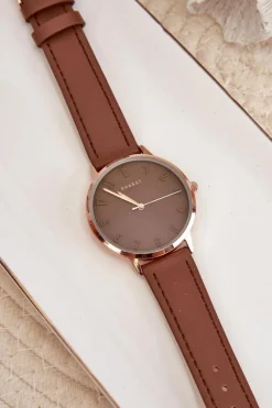 New Damski Skórzany Analogowy Zegarek Bez Niklu Brązowy E94195 Zegarki