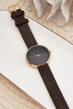 Zegarki>Ernest Damski Zamszowy Analogowy Zegarek Bez Niklu Czarny E94195