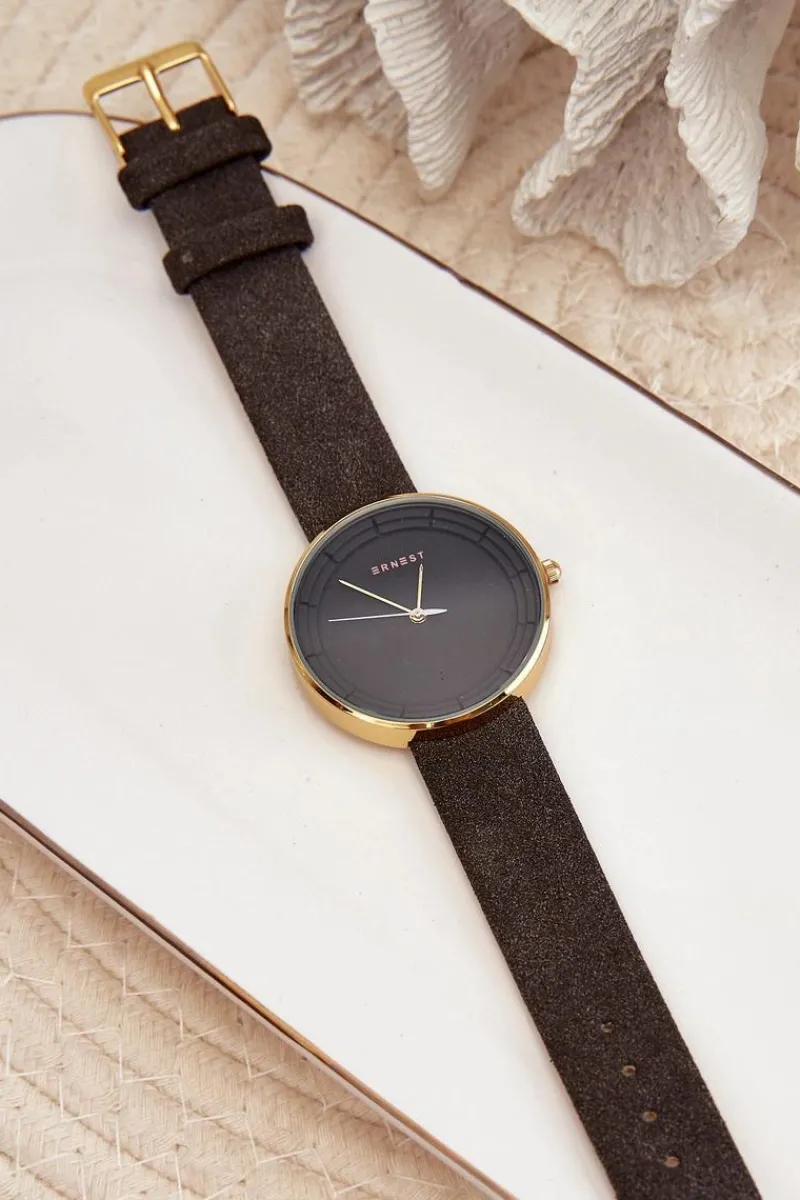 Zegarki>Ernest Damski Zamszowy Analogowy Zegarek Bez Niklu Czarny E94195