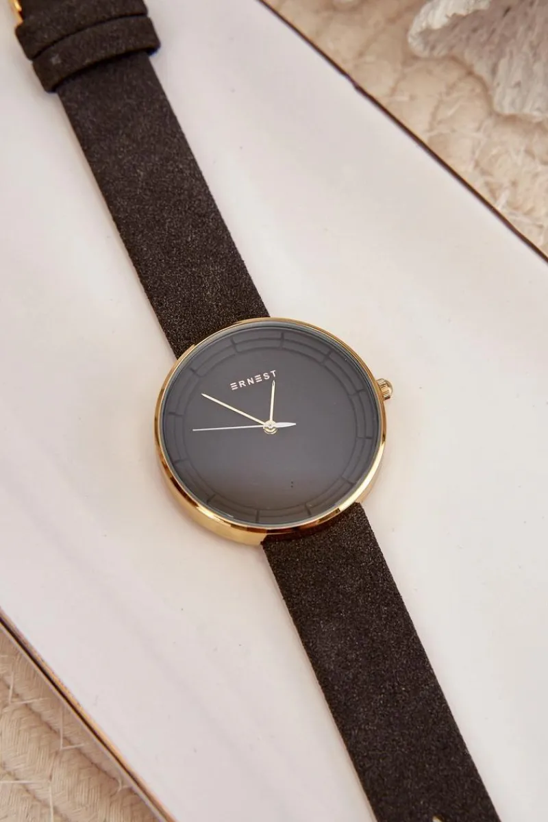 Zegarki>Ernest Damski Zamszowy Analogowy Zegarek Bez Niklu Czarny E94195