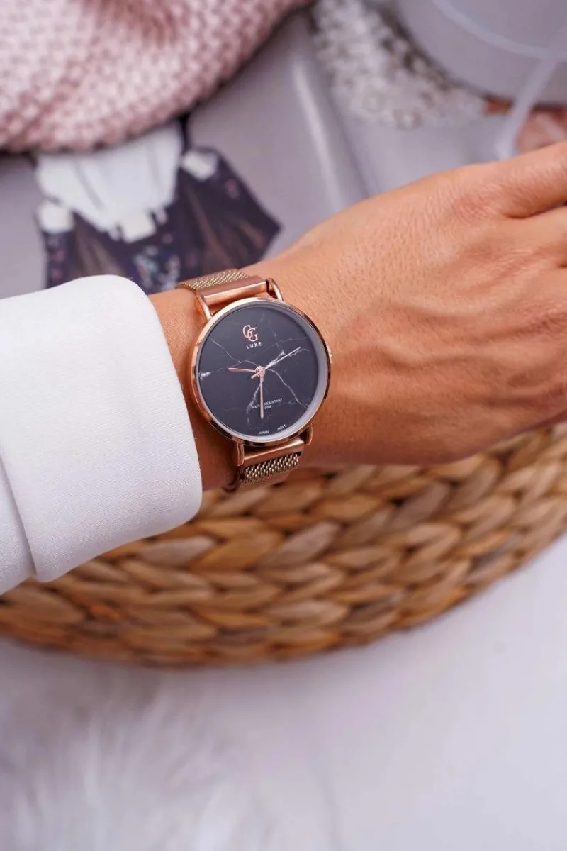 Zegarki>GG Luxe Damski Zegarek Różowe Złoto Czarna Tarcza Bemas