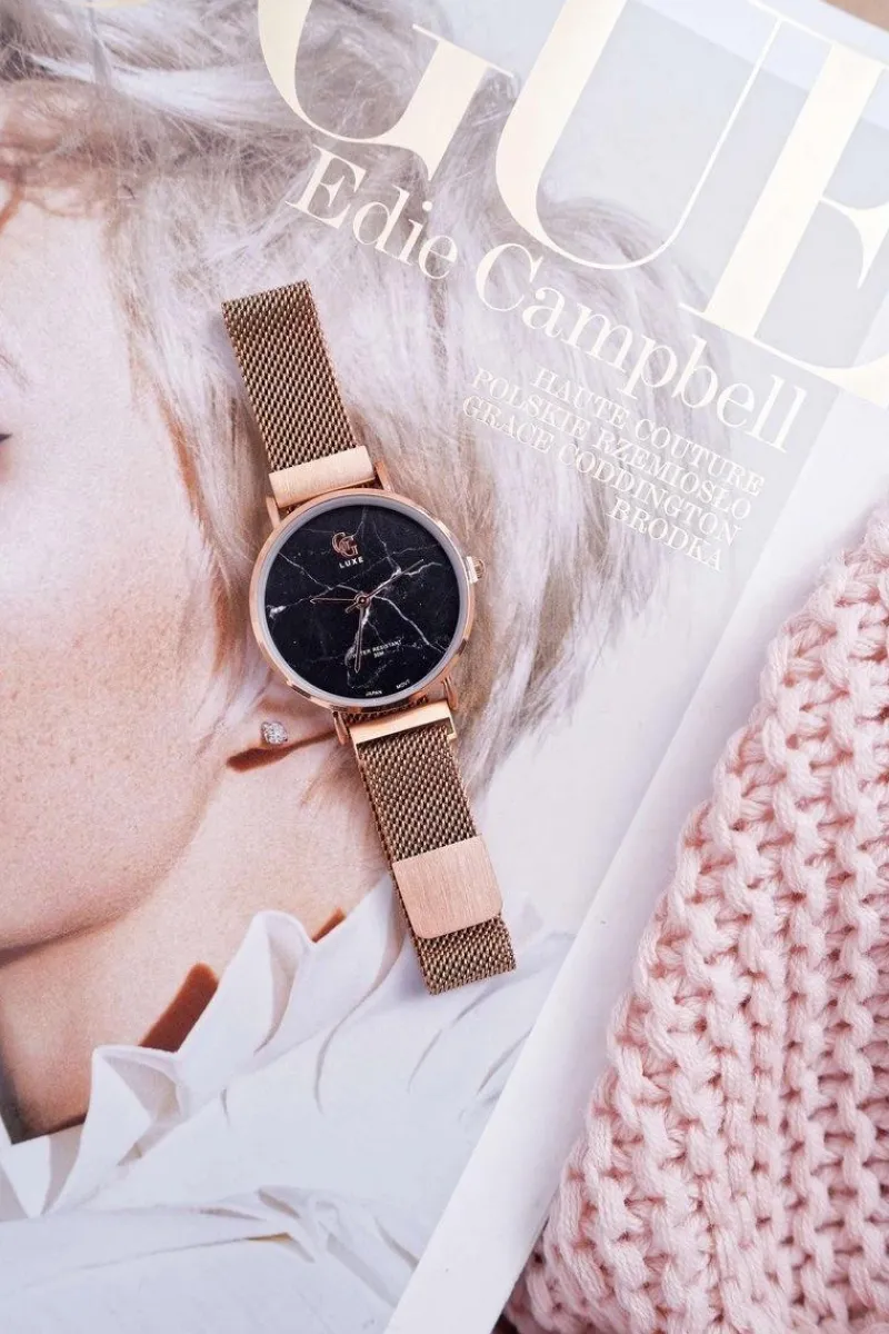 Zegarki>GG Luxe Damski Zegarek Różowe Złoto Czarna Tarcza Bemas