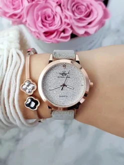 Online Damski Zegarek Evento Szary Zamszowy Pasek Brokat Zegarki