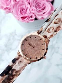 Discount Damski Zegarek Etna Na Wstążce Różowe Złoto Brokat Zegarki