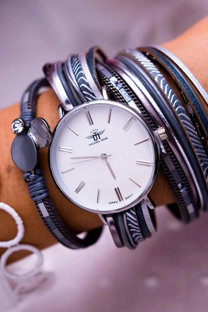 New Michael John Damski Zegarek Z Rzemykami Szary Lanell