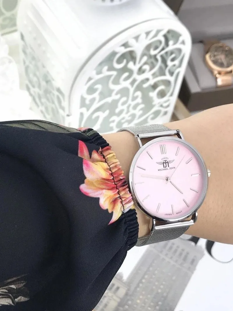 New Michael John Damski Zegarek Florence Srebrno Różowy 40mm