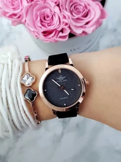 Outlet Michael John Damski Zegarek Evento Czarny Zamszowy Pasek Brokat