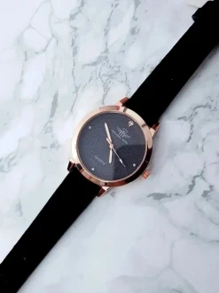 Outlet Michael John Damski Zegarek Evento Czarny Zamszowy Pasek Brokat