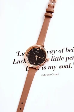 Best Damski Zegarek Na Cienkim Pasku Ciemnobeżowy Zegarki