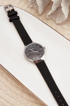 Discount Damski Zegarek Na Eko Skórzanym Pasku Czarny E62013L Zegarki