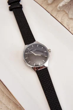 Discount Damski Zegarek Na Eko Skórzanym Pasku Czarny E62013L Zegarki