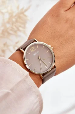 New Ernest Damski Zegarek Na Skórzanym Pasku E62001MD Szary