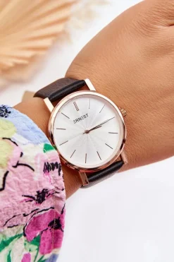 Hot Ernest Damski Zegarek Z Różowo Złotą Kopertą Czarny Vega