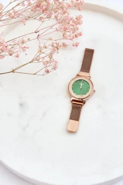 Online Damski Zegarek Z Zieloną Tarczą Różowe Złoto Zegarki