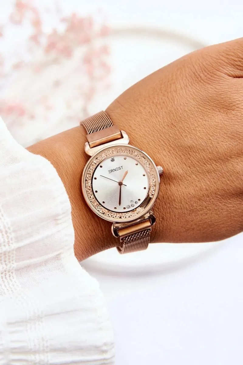 Zegarki>Ernest Damski Zegarek Ze Srebrną Tarczą Różowe Złoto