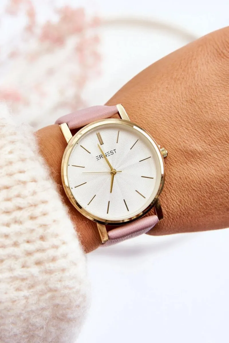 Ernest Damski Zegarek Ze Złotą Kopertą Różowy Vega