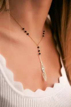 Discount Damski Złoty Naszyjnik Łańcuszek Różaniec Czarne Kuleczki Beatrix Naszyjniki