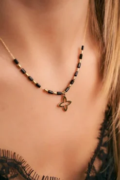 Best Boto Damski Złoty Naszyjnik Łańcuszek Kwiatek Czarne Kuleczki Cecilia