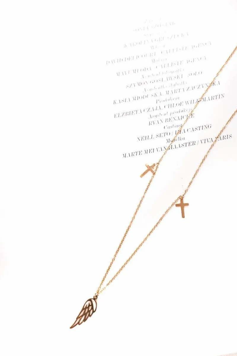New Damski Złoty Naszyjnik Łańcuszek Skrzydło Krzyż Ophelia Naszyjniki