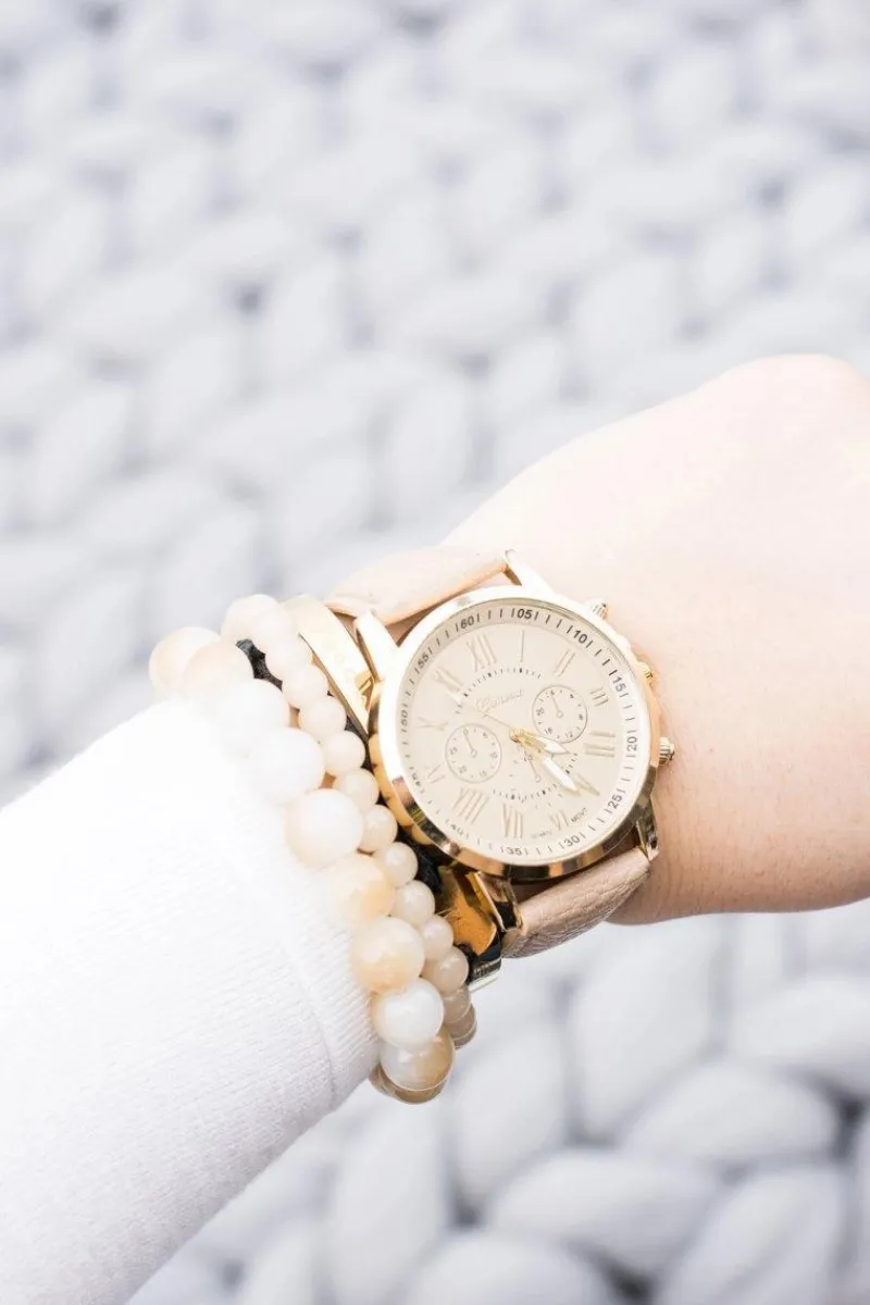 Discount Damski Złoty Stylowy Zegarek Beżowy Pasek Zegarki