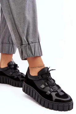 Buty Sportowe Na Platformie|Sneakersy Damskie>Zazoo Damskie Skórzane Buty Sportowe Na Platformie M01/1 Czarne