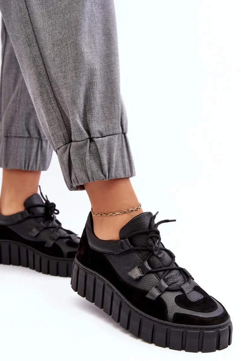 Buty Sportowe Na Platformie|Sneakersy Damskie>Zazoo Damskie Skórzane Buty Sportowe Na Platformie M01/1 Czarne