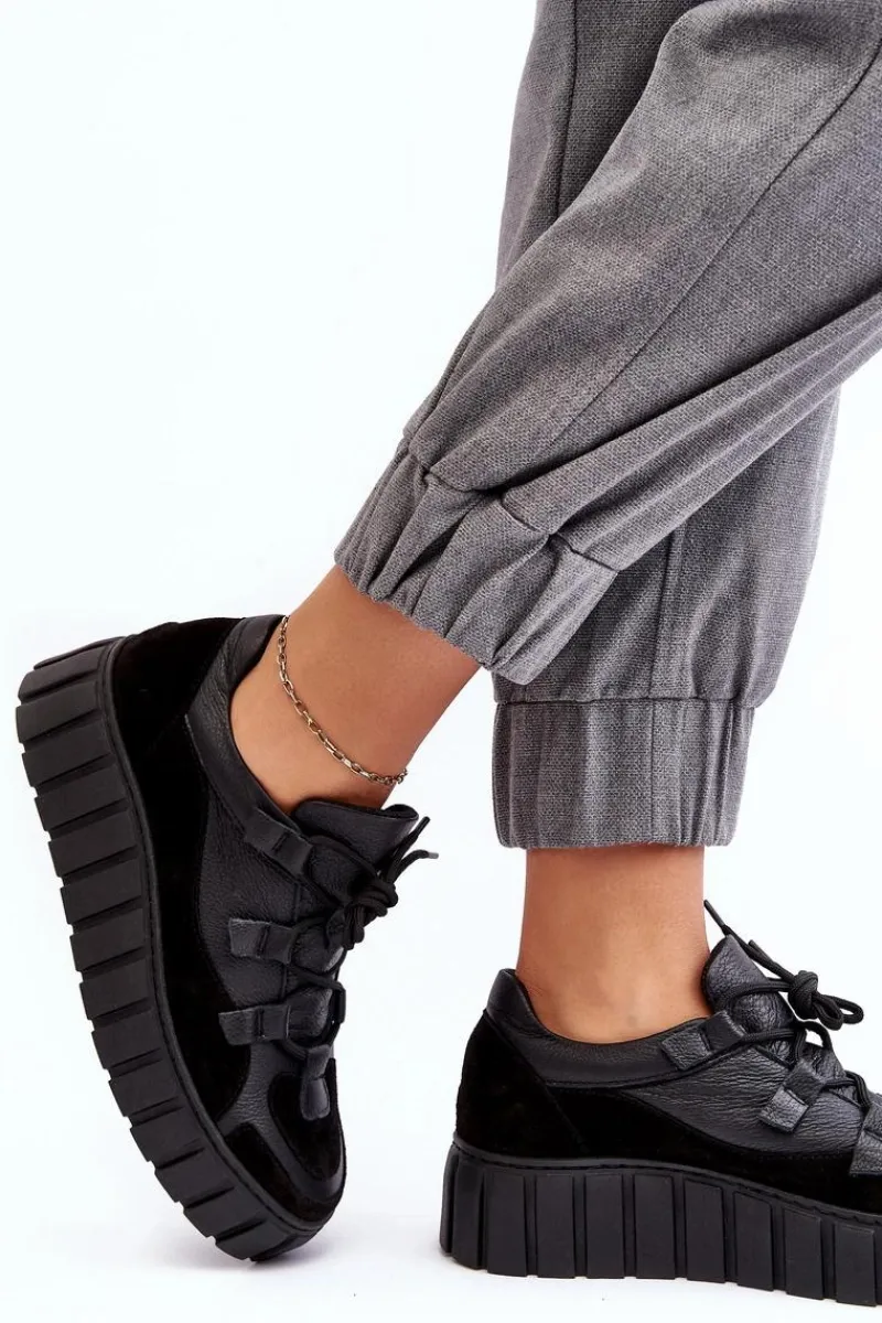 Buty Sportowe Na Platformie|Sneakersy Damskie>Zazoo Damskie Skórzane Buty Sportowe Na Platformie M01/1 Czarne