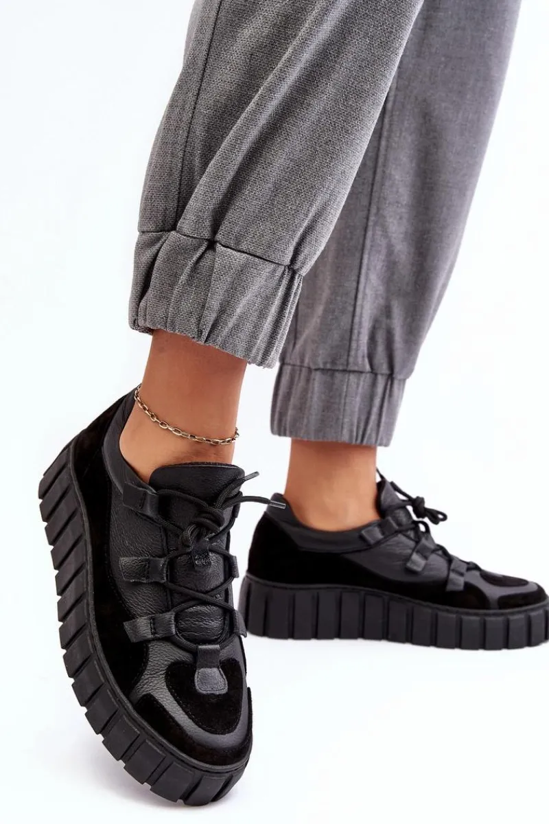 Buty Sportowe Na Platformie|Sneakersy Damskie>Zazoo Damskie Skórzane Buty Sportowe Na Platformie M01/1 Czarne