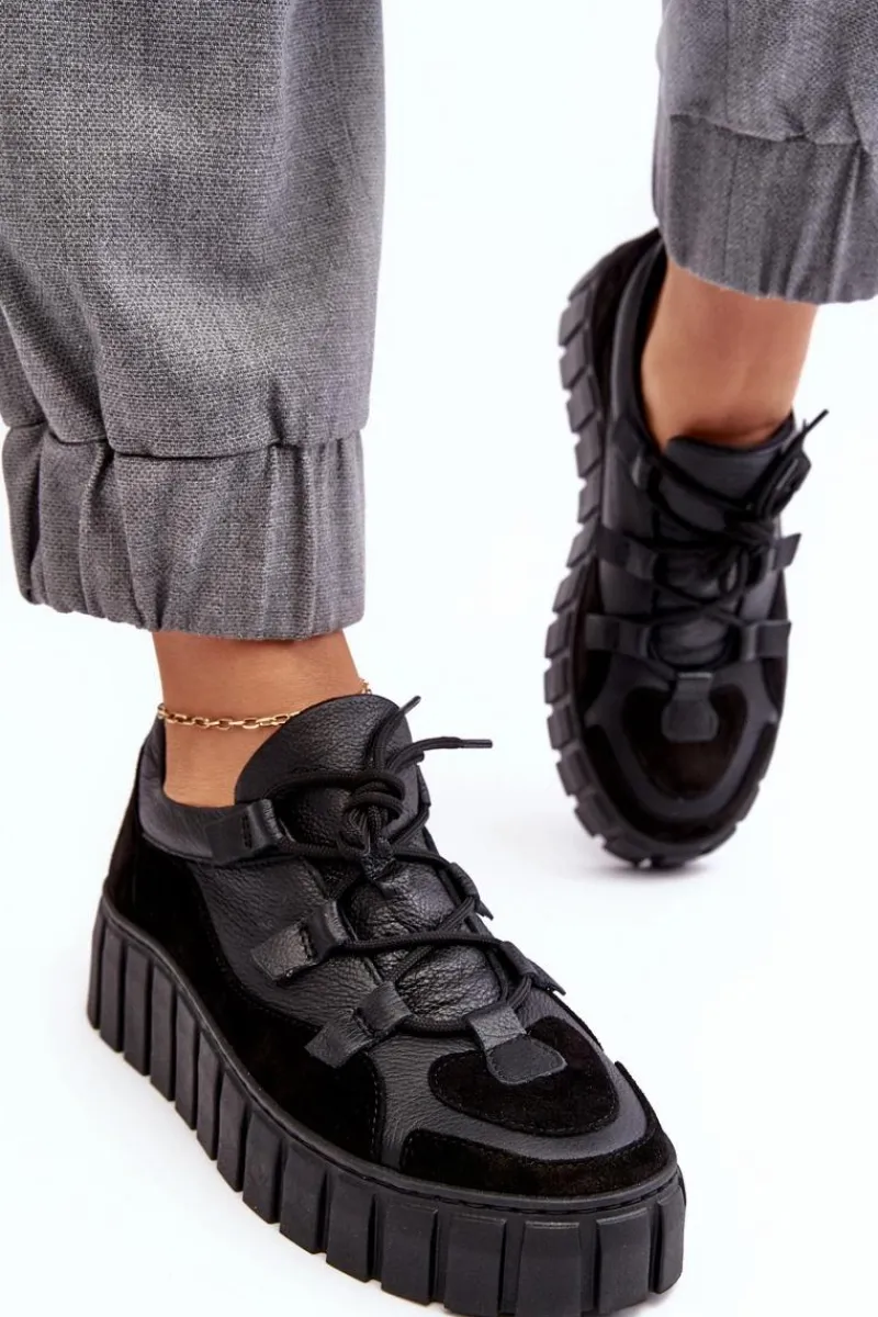 Buty Sportowe Na Platformie|Sneakersy Damskie>Zazoo Damskie Skórzane Buty Sportowe Na Platformie M01/1 Czarne