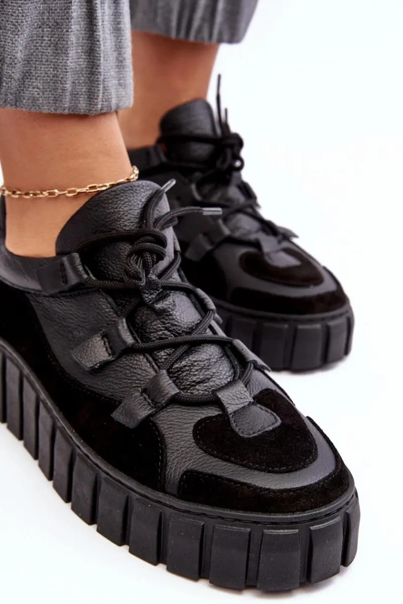 Buty Sportowe Na Platformie|Sneakersy Damskie>Zazoo Damskie Skórzane Buty Sportowe Na Platformie M01/1 Czarne