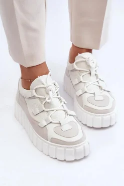 Clearance Damskie Skórzane Buty Sportowe Na Platformie M01/1 Jasnobeżowe Damskie Buty Sportowe Na Platformie|Sneakersy Damskie