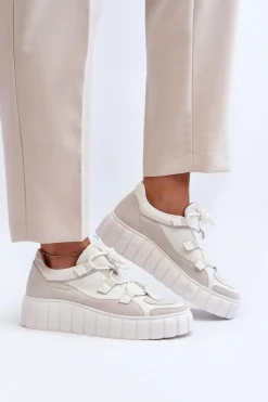 Clearance Damskie Skórzane Buty Sportowe Na Platformie M01/1 Jasnobeżowe Damskie Buty Sportowe Na Platformie|Sneakersy Damskie