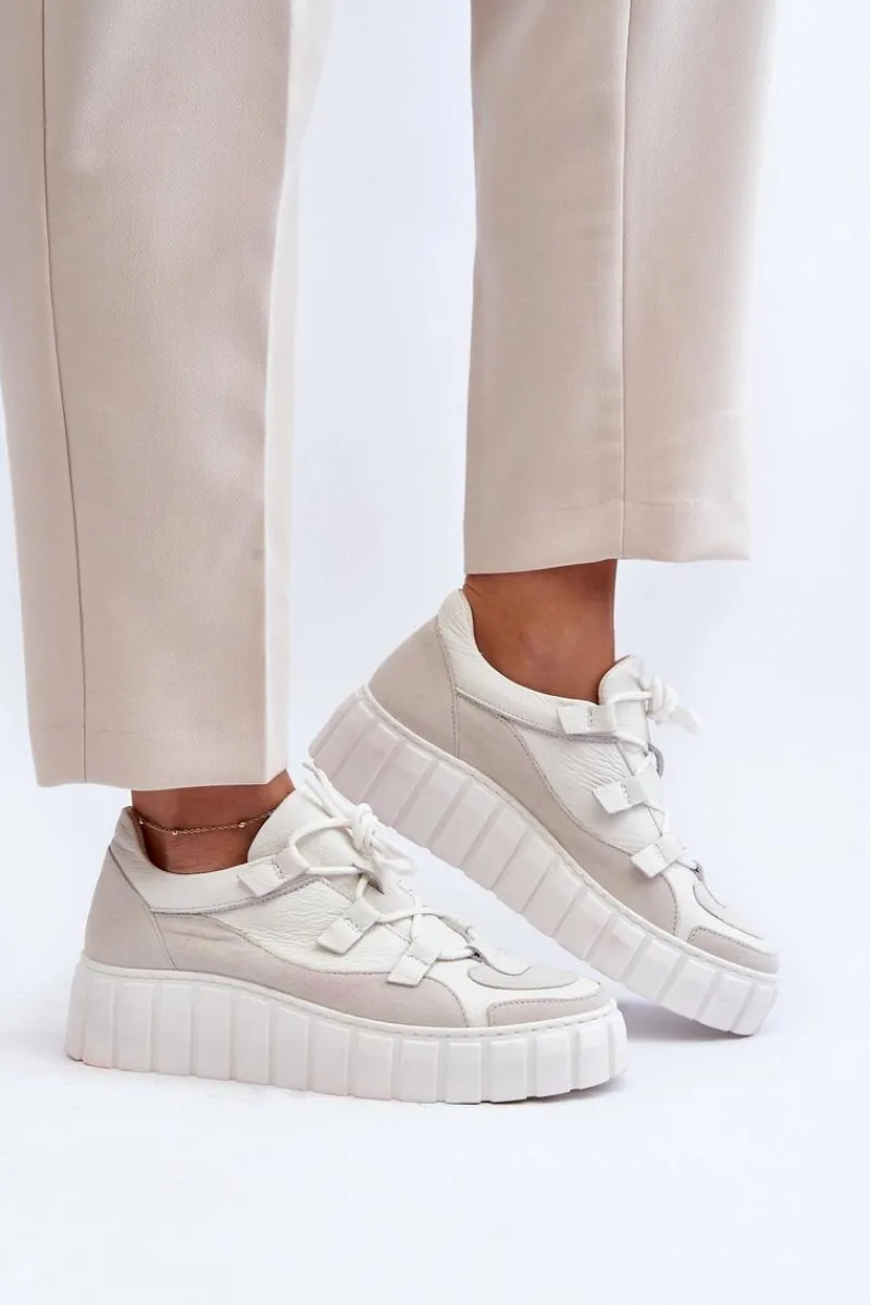 Clearance Damskie Skórzane Buty Sportowe Na Platformie M01/1 Jasnobeżowe Damskie Buty Sportowe Na Platformie|Sneakersy Damskie