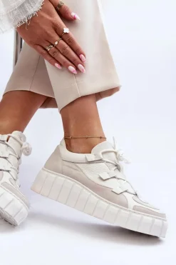 Clearance Damskie Skórzane Buty Sportowe Na Platformie M01/1 Jasnobeżowe Damskie Buty Sportowe Na Platformie|Sneakersy Damskie