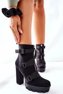 Sale Damskie Aksamitne Botki Na Słupku Czarne Hurry Up Damskie Botki Na Słupku|Czarne Botki