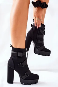 Sale Damskie Aksamitne Botki Na Słupku Czarne Hurry Up Damskie Botki Na Słupku|Czarne Botki