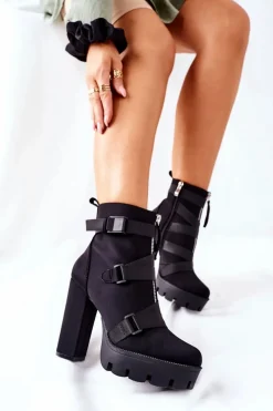 Sale Damskie Aksamitne Botki Na Słupku Czarne Hurry Up Damskie Botki Na Słupku|Czarne Botki